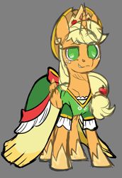 Size: 1400x2030 | Tagged: safe, artist:moonseeker, imported from derpibooru, applejack, alicorn, pony, alicornified, applecorn, clothes, color, crown, dress, female, gray background, horn, jewelry, mare, race swap, regalia, simple background, sketch, solo, wings