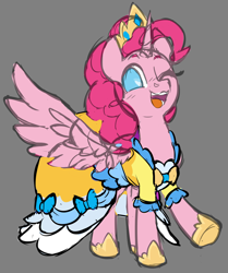 Size: 1666x1992 | Tagged: safe, artist:moonseeker, imported from derpibooru, pinkie pie, alicorn, pony, alicornified, clothes, dress, female, gray background, mare, pinkiecorn, race swap, simple background, sketch, solo, xk-class end-of-the-world scenario