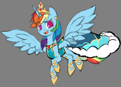 Size: 2620x1884 | Tagged: safe, artist:moonseeker, imported from derpibooru, rainbow dash, alicorn, pony, alicornified, clothes, crown, dress, female, gray background, jewelry, mare, race swap, rainbowcorn, regalia, simple background, sketch, solo