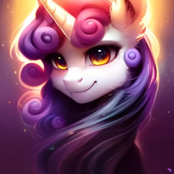 Size: 1024x1024 | Tagged: safe, imported from derpibooru, sweetie belle, pony, unicorn, ear fluff, female, machine learning generated, mare, purplesmart.ai, smiling, solo, stable diffusion, watermark, wrong eye color, yellow eyes