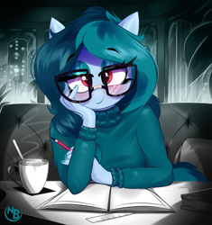 Size: 3169x3378 | Tagged: safe, artist:nevobaster, imported from derpibooru, oc, oc only, oc:delta vee, anthro, pegasus, backpack, bedroom eyes, blushing, book, cafe, clothes, coffee mug, glasses, looking at you, makeup, mug, notebook, pencil, rain, sitting, stare, staring at you, sweater