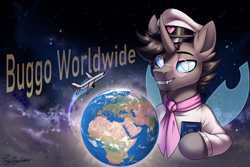 Size: 3000x2000 | Tagged: safe, artist:jedayskayvoker, imported from derpibooru, oc, oc:rosie clockwork, changeling, pony, blue eyes, buggo, changeling oc, clothes, commission, fangs, male, meme, passport, plane, planet, solo, space, spread wings, stallion, sweater, text, wings