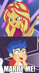 Size: 490x910 | Tagged: safe, edit, edited screencap, imported from derpibooru, screencap, flash sentry, sunset shimmer, equestria girls, equestria girls series, spring breakdown, spoiler:eqg series (season 2), bedroom eyes, blushing, electric guitar, female, flashimmer, guitar, hands on cheeks, male, musical instrument, shipping, shipping domino, smiling, starry eyes, straight, wingding eyes