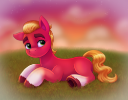 Size: 3280x2576 | Tagged: safe, artist:malarkey, imported from derpibooru, sprout cloverleaf, earth pony, pony, g5, lying down, male, prone, solo, stallion