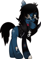 Size: 3676x5196 | Tagged: safe, artist:lightningbolt, artist:lincolnbrewsterfan, derpibooru exclusive, imported from derpibooru, earth pony, pony, undead, zombie, zombie pony, .svg available, 2023 community collab, bags under eyes, black mane, black tail, blood, blood stains, bloodshot eyes, bomber jacket, bone, brand, branding, bring me the horizon, brown eyes, chipped tooth, clothes, collaboration, colored pupils, drop dead clothing, fangs, flower, frown, grumpy, hoof on chin, inkscape, jacket, jeans, leather, leather jacket, lip piercing, long sleeves, looking at you, male, male symbol, mouth hold, movie accurate, oliver sykes, pants, piercing, raised hoof, rose, scar, shirt, solo, stallion, stitches, sunglasses, svg, sweatshirt, t-shirt, tail, tattoo, text, torn ear, umbrella, vector, zipper
