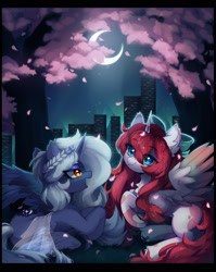Size: 1280x1606 | Tagged: safe, artist:astralblues, imported from derpibooru, oc, oc only, alicorn, pony, alicorn oc, city, duo, horn, moon, wings