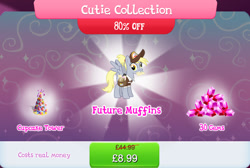 Size: 1268x852 | Tagged: safe, imported from derpibooru, derpy hooves, pegasus, pony, the last problem, bag, bundle, clothes swap, costs real money, cupcake, english, envelope, female, food, gameloft, gem, hat, letter, mailmare, mare, numbers, official, older, older derpy hooves, package, ponytail, sale, solo, solo focus, spread wings, text, that one nameless background pony we all know and love, wings