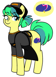 Size: 827x1128 | Tagged: safe, artist:/d/non, imported from derpibooru, oc, oc only, oc:baja blaster, earth pony, apron, blue hair, clothes, cutie mark, green hair, hat, looking sideways, pigtails, shirt, simple background, smiling, t-shirt, taco bell, white background, yellow fur
