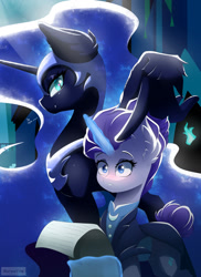 Size: 1280x1760 | Tagged: safe, artist:natanvok, imported from derpibooru, nightmare moon, rarity, pony, alternate hairstyle, alternate timeline, magic, night maid rarity, nightmare takeover timeline, wing hands, wings