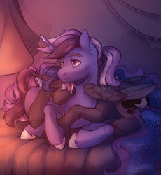 Size: 2300x2500 | Tagged: safe, artist:dereketto, imported from derpibooru, princess luna, oc, oc:azure night, alicorn, pony, unicorn, bed, canon x oc, commission, couple, shipping, sleeping, snuggling, ych result