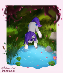 Size: 1949x2240 | Tagged: safe, artist:autumnsfur, imported from derpibooru, oc, oc only, oc:glitter stone, earth pony, pony, afternoon, artwork, blue eyes, blurr, blurry, boulder, curious, detailed background, digital art, earth pony oc, eyelashes, falling leaves, female, flower, g4, g5, grass, gray coat, gray fur, hooves, leaves, lilypad, logo, long hair, long tail, looking down, mare, multicolored hair, multicolored tail, nature, overhead view, pink leaves, pond, pondering, pony oc, purple hair, purple mane, purple tail, reeds, river, rock, signature, simple background, stone, tail, text, tree, water, watermark, wet, white background