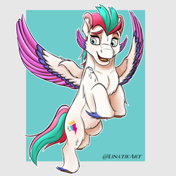 Size: 2205x2205 | Tagged: safe, artist:linatikart, imported from derpibooru, zipp storm, pegasus, pony, female, flying, g5, mare, my little pony: a new generation, my little pony: make your mark, solo, spread wings, wings
