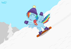 Size: 4478x3118 | Tagged: safe, artist:ironm17, imported from derpibooru, rainbow dash, pegasus, pony, bipedal, boots, clothes, eyes closed, female, hat, high res, mare, mittens, open mouth, scarf, shoes, smiling, snow, snowboard, solo