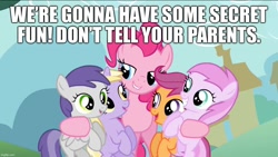 Size: 1136x640 | Tagged: safe, edit, edited screencap, imported from derpibooru, screencap, dinky hooves, pinkie pie, piña colada, scootaloo, tornado bolt, earth pony, pegasus, pony, unicorn, a friend in deed, bedroom eyes, caption, colt, female, filly, foal, image macro, implied foalcon, implied sex, innuendo, male, mare, smile song, text, this will end in tears