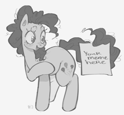 Size: 2912x2704 | Tagged: safe, artist:eunicidae, imported from derpibooru, pinkie pie, earth pony, pony, female, grayscale, mare, monochrome, open mouth, open smile, pointing, prehensile tail, sign, simple background, smiling, solo, tail, white background