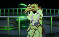 Size: 2000x1278 | Tagged: safe, artist:fluffyorbiter, imported from derpibooru, oc, oc only, oc:littlepip, pony, unicorn, fallout equestria, 3d, 3d model, bags under eyes, bandolier, belt, belts, blade runner, blade runner 2049, clothes, fanfic art, green eyes, horn, jumpsuit, leather, looking up, scar, shoulder pads, single pegasus project, tired, tired eyes