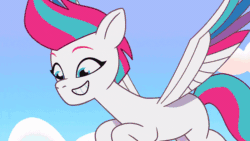 Size: 800x450 | Tagged: safe, imported from derpibooru, screencap, zipp storm, pegasus, pony, spoiler:g5, spoiler:my little pony: tell your tale, spoiler:tyts01e36, abstract background, animated, female, flying, g5, gif, mare, motion lines, my little pony: tell your tale, reaction image, realization, shrunken pupils, solo, speed lines, surprised, surprised face, take flight in the marestream, youtube link