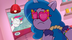 Size: 1280x720 | Tagged: safe, imported from derpibooru, screencap, izzy moonbow, zipp storm, pegasus, pony, unicorn, spoiler:g5, spoiler:tyts01e36, accessory, bracelet, female, g5, glasses, heart shaped glasses, jewelry, lightbulb, mare, my little pony: tell your tale, nose in the air, screaming, take flight in the marestream, teeth, unshorn fetlocks