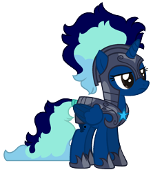 Size: 1200x1353 | Tagged: safe, artist:calibykitty, imported from derpibooru, oc, oc only, oc:midnight specter, alicorn, pony, armor, armored pony, base, base used, blue mane, brown eyes, colored wings, female, folded wings, guardsmare, horn, lidded eyes, long hair, long tail, mare, mohawk, multicolored hair, multicolored wings, night guard, royal guard, simple background, solo, tail, transparent background, unamused, wings