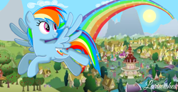 Size: 1980x1020 | Tagged: safe, artist:mlplary6, imported from derpibooru, rainbow dash, pegasus, pony, female, flying, mare, ponyville, rainbow, smiling