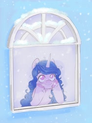 Size: 1536x2048 | Tagged: safe, artist:cloudydr0p, imported from derpibooru, izzy moonbow, pony, unicorn, g5, happy, smiling, snow, snowfall, solo, window