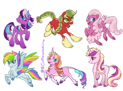 Size: 2030x1513 | Tagged: safe, artist:caffeinatedcarny, imported from derpibooru, applejack, fluttershy, pinkie pie, rainbow dash, rarity, twilight sparkle, earth pony, pegasus, unicorn, earth pony twilight, feathered fetlocks, feathered wings, group, leonine tail, mane six, markings, pegasus pinkie pie, race swap, redesign, simple background, tail, transparent background, unicorn fluttershy, unshorn fetlocks, wings