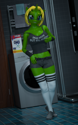 Size: 2160x3460 | Tagged: safe, artist:arcanetesla, imported from derpibooru, oc, oc:arcane tesla, anthro, unicorn, 3d, bathroom, blender, breast grab, breasts, busty oc, clothes, grope, rule 63, socks, solo, thigh highs