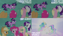 Size: 4400x2475 | Tagged: safe, edit, edited screencap, editor:quoterific, imported from derpibooru, screencap, applejack, fluttershy, pinkie pie, princess celestia, rainbow dash, rarity, twilight sparkle, lesson zero, floppy ears, mane six, messy hair, messy mane, messy tail, tail, twilight snapple