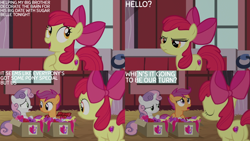 Size: 4400x2475 | Tagged: safe, edit, edited screencap, editor:quoterific, imported from derpibooru, screencap, apple bloom, scootaloo, sweetie belle, the break up breakdown, cutie mark crusaders