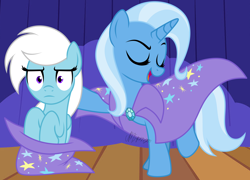 Size: 3956x2848 | Tagged: safe, artist:feather_bloom, imported from derpibooru, trixie, oc, oc:feather bloom, pegasus, pony, unicorn, cape, clothes, confused, detailed background, hat, magic, stage, trixie's cape, trixie's hat