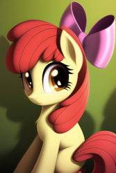 Size: 512x768 | Tagged: safe, imported from derpibooru, apple bloom, earth pony, pony, apple bloom's bow, bow, error, female, filly, foal, hair bow, looking at you, machine learning generated, novel ai, orange eyes, sitting, smiling, smiling at you, solo