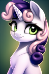 Size: 512x768 | Tagged: safe, imported from derpibooru, sweetie belle, pony, unicorn, female, filly, foal, green eyes, looking at you, machine learning generated, novel ai, smiling, smiling at you, solo