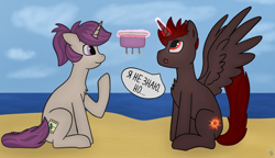 Size: 2388x1377 | Tagged: safe, artist:hardrock, imported from derpibooru, oc, oc:hardy, oc:lavrushka, alicorn, pony, unicorn, cake, female, food, gravity, male, sitting