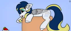 Size: 2151x945 | Tagged: safe, artist:hardrock, imported from derpibooru, oc, pegasus, pony, food, solo, strawberry