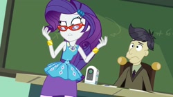 Size: 1920x1080 | Tagged: safe, imported from derpibooru, screencap, cranky doodle donkey, rarity, human, equestria girls, equestria girls series, happily ever after party, glasses, humanized, projector, rarity peplum dress, rarity's glasses