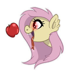 Size: 3000x3000 | Tagged: safe, artist:ponykittenboi, imported from derpibooru, fluttershy, bat pony, pony, advertisement, apple, bat ponified, drool, fangs, flutterbat, food, glow, glowing eyes, hungry, open mouth, race swap, red eyes, redbubble, simple background, solo, sticker, tongue out, transparent background