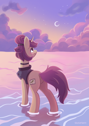 Size: 1240x1754 | Tagged: safe, artist:skysorbett, imported from derpibooru, oc, oc:lavrushka, pony, unicorn, cloud, commission, crescent moon, female, mare, moon, rear view, sky, solo, ych result