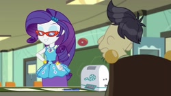 Size: 1920x1080 | Tagged: safe, imported from derpibooru, screencap, cranky doodle donkey, rarity, human, equestria girls, equestria girls series, happily ever after party, glasses, humanized, projector, rarity peplum dress, rarity's glasses