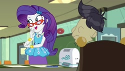 Size: 1920x1080 | Tagged: safe, imported from derpibooru, screencap, cranky doodle donkey, rarity, human, equestria girls, equestria girls series, happily ever after party, glasses, humanized, projector, rarity peplum dress, rarity's glasses