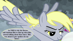 Size: 1280x720 | Tagged: safe, edit, edited screencap, imported from derpibooru, screencap, derpy hooves, the ending of the end, doctor who, epic derpy, implied doctor whooves, ponified name, spoilers (time travel concept), text, thought bubble
