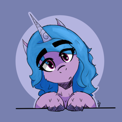 Size: 770x770 | Tagged: safe, artist:rookiecookie, imported from derpibooru, izzy moonbow, pony, unicorn, blue hair, bust, g5, head tilt, my little pony: a new generation, portrait, simple background, solo