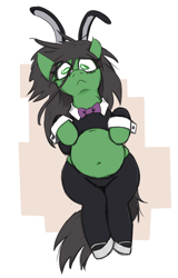 Size: 520x813 | Tagged: safe, artist:jargon scott, imported from derpibooru, oc, oc only, oc:anon-mare, earth pony, pony, :<, belly, belly button, bowtie, bunny suit, clothes, fat, female, looking at you, mare, reverse bunny suit, simple background, solo, solo female, white background