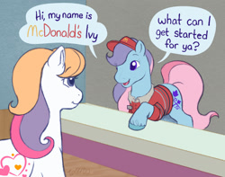 Size: 1439x1134 | Tagged: safe, artist:horse-time-babey, imported from derpibooru, ivy, earth pony, pony, clothes, counter, g2, hat, looking at each other, looking at someone, mcdonald's, open mouth, open smile, rear view, smiling, uniform