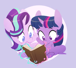 Size: 1280x1140 | Tagged: safe, artist:chub-wub, imported from derpibooru, starlight glimmer, twilight sparkle, pony, unicorn, blushing, book, chibi, cute, duo, female, glimmerbetes, glowing, glowing horn, horn, lesbian, magic, open mouth, reading, shipping, twiabetes, twistarlight, unicorn twilight