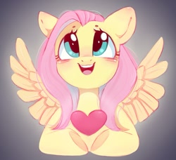 Size: 1175x1071 | Tagged: safe, artist:melodylibris, imported from derpibooru, fluttershy, pegasus, pony, blushing, bust, cute, ear blush, female, full face view, g4, gradient background, heart, looking up, mare, open mouth, open smile, shyabetes, smiling, solo, spread wings, underhoof, wings