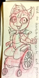 Size: 511x1024 | Tagged: safe, artist:natt333, imported from derpibooru, oc, oc only, oc:rusty gear, anthro, earth pony, amputee, chibi, sketch, solo, traditional art, wheelchair