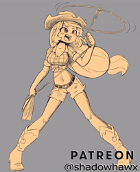 Size: 2598x3183 | Tagged: safe, artist:shadowhawx, imported from derpibooru, applejack, earth pony, human, equestria girls, applejack's hat, belly button, belt, boots, breasts, cleavage, clothes, colored sketch, cowboy boots, cowboy hat, daisy dukes, food, front knot midriff, hat, lasso, looking up, midriff, monochrome, motion lines, open mouth, orange, rope, shoes, shorts, solo