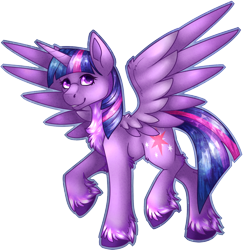 Size: 1882x1937 | Tagged: safe, artist:chvrchgrim, imported from derpibooru, twilight sparkle, alicorn, pony, chest fluff, female, mare, redesign, simple background, smiling, solo, spread wings, transparent background, twilight sparkle (alicorn), unshorn fetlocks, wings