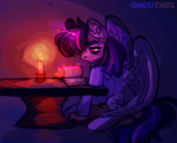 Size: 2109x1707 | Tagged: safe, artist:ghastlyexists, imported from derpibooru, twilight sparkle, alicorn, pony, book, candle, cushion, dark background, female, magic, magic aura, mare, reading, scenery, shading, simple background, sitting, solo, table, twilight sparkle (alicorn)