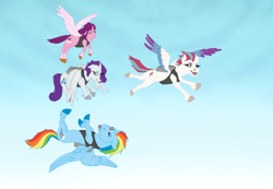 Size: 1076x743 | Tagged: safe, artist:adiashapeshifter19, imported from derpibooru, pipp petals, rainbow dash, rarity, zipp storm, alicorn, alicornified, flapping wings, g5, jetpack, pippcorn, race swap, rainbowcorn, raricorn, tongue out, upside down, wings, zippcorn